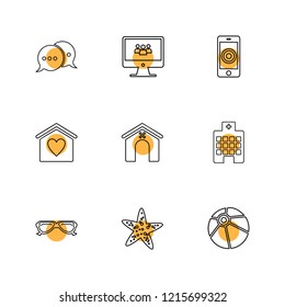 Set of 9 icons, for web, internet, mobile apps, interface design: business, finance, shopping, communication, fitness, computer, media, transportation, travel, easter, christmas, summer, device