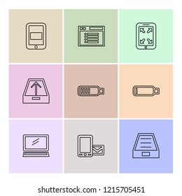 Set of 9 icons, for web, internet, mobile apps, interface design: business, finance, shopping, communication, fitness, computer, media, transportation, travel, easter, christmas, summer, device