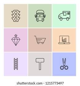 Set of 9 icons, for web, internet, mobile apps, interface design: business, finance, shopping, communication, fitness, computer, media, transportation, travel, easter, christmas, summer, device