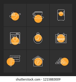 Set of 9 icons, for web, internet, mobile apps, interface design: business, finance, shopping, communication, fitness, computer, media, transportation, travel, easter, christmas, summer, device