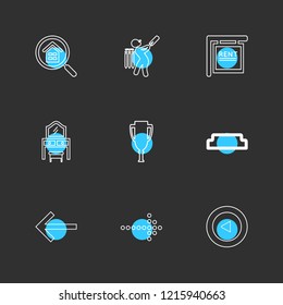 Set of 9 icons, for web, internet, mobile apps, interface design: business, communication, fitness, computer, media, transportation, device