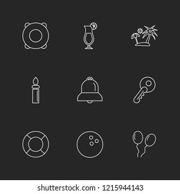 Set of 9 icons, for web, internet, mobile apps, interface design: business,  communication, fitness, computer, media, , travel,  summer, device