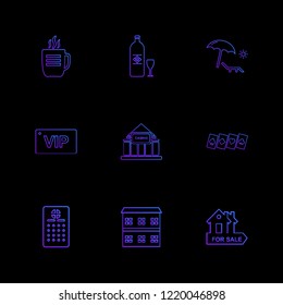 Set of 9 icons, for web, internet, mobile apps, interface design: business, finance, shopping, communication, fitness, computer, media, transportation, travel, easter, christmas, summer, device