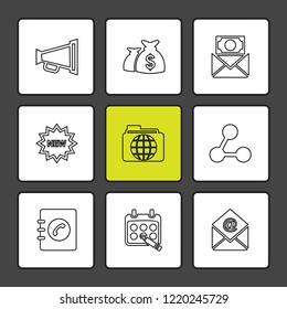 Set of 9 icons, for web, internet, mobile apps, interface design: business, finance, shopping, communication, fitness, computer, media, transportation, travel, easter, christmas, summer, device