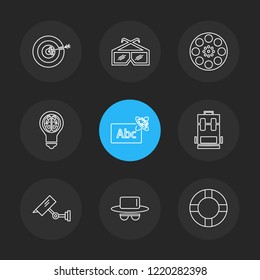 Set of 9 icons, for web, internet, mobile apps, interface design: business, communication, fitness, computer, media, travel, summer, device