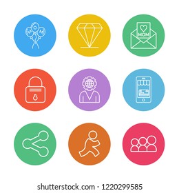Set of 9 icons, for web, internet, mobile apps, interface design: business, finance, shopping, communication, fitness, computer, media, transportation, travel, easter, christmas, summer, device