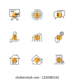 Set of 9 icons, for web, internet, mobile apps, interface design: business, finance, shopping, communication, fitness, computer, media, transportation, travel, easter, christmas, summer, device