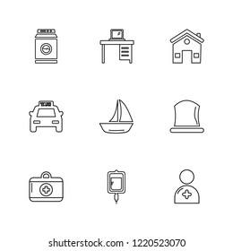Set of 9 icons, for web, internet, mobile apps, interface design: business, finance, shopping, communication, fitness, computer, media, transportation, travel, easter, christmas, summer, device