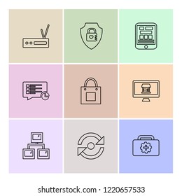 Set of 9 icons, for web, internet, mobile apps, interface design: business, finance, shopping, communication, fitness, computer, media, transportation, travel, easter, christmas, summer, device