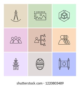 Set of 9 icons, for web, internet, mobile apps, interface design: business, finance, shopping, communication, fitness, computer, media, transportation, travel, easter, christmas, summer, device