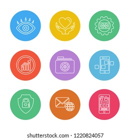 Set of 9 icons, for web, internet, mobile apps, interface design: business, finance, shopping, communication, fitness, computer, media, transportation, travel, easter, christmas, summer, device