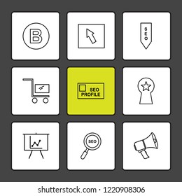 Set of 9 icons, for web, internet, mobile apps, interface design: business, finance, shopping, communication, fitness, computer, media, transportation, travel, easter, christmas, summer, device