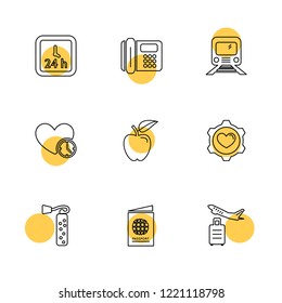 Set of 9 icons, for web, internet, mobile apps, interface design: business, finance, shopping, communication, fitness, computer, media, transportation, travel, easter, christmas, summer, device