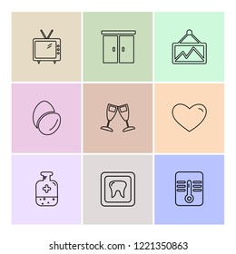 Set of 9 icons, for web, internet, mobile apps, interface design: business, finance, shopping, communication, fitness, computer, media, transportation, travel, easter, christmas, summer, device