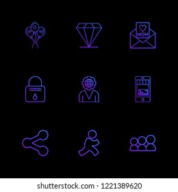 Set of 9 icons, for web, internet, mobile apps, interface design: business, finance, shopping, communication, fitness, computer, media, transportation, travel, easter, christmas, summer, device