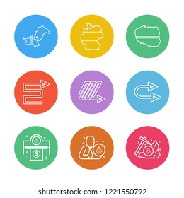 Set of 9 icons, for web, internet, mobile apps, interface design: business, finance, shopping, communication, fitness, computer, media, transportation, travel, easter, christmas, summer, device