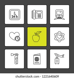 Set of 9 icons, for web, internet, mobile apps, interface design: business, finance, shopping, communication, fitness, computer, media, transportation, travel, easter, christmas, summer, device