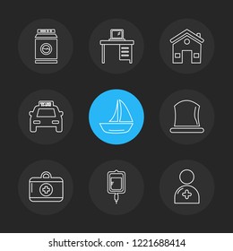 Set of 9 icons, for web, internet, mobile apps, interface design: business, finance, shopping, communication, fitness, computer, media, transportation, travel, easter, christmas, summer, device