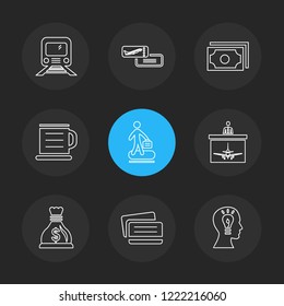 Set of 9 icons, for web, internet, mobile apps, interface design: business, finance, shopping, communication, fitness, computer, media, transportation, travel, easter, christmas, summer, device