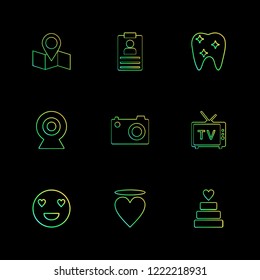 Set of 9 icons, for web, internet, mobile apps, interface design: business, finance, shopping, communication, fitness, computer, media, transportation, travel, easter, christmas, summer, device