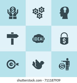 Set of 9 idea filled icons such as money insurance, target, gear, money lock, dove, man and money, idea, ley lock in head