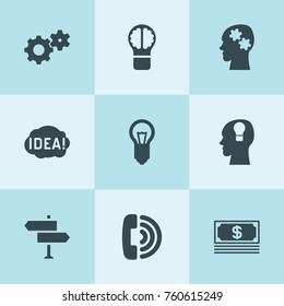 Set of 9 idea filled icons such as gear, call, bulb, gear brain, idea, ley lock in head, money