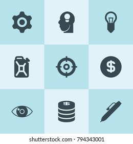 Set of 9 idea filled icons such as gear, oil can, eye, pen, idea, bulb, money, coins