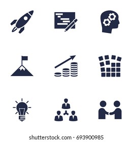 Set Of 9 Idea Icons Set.Collection Of Bulb, Achievement, Thinking Head And Other Elements.
