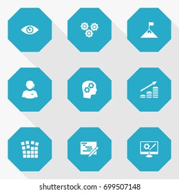 Set Of 9 Idea Icons Set.Collection Of Writing, Gear, Startup Building And Other Elements.
