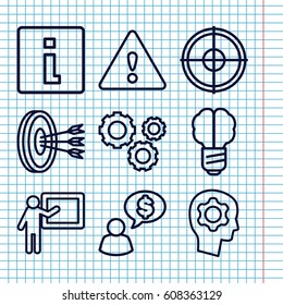 Set of 9 idea outline icons such as warning, gear, gear in head, info, teacher, arrows in target, man thinking about money, brain bulb