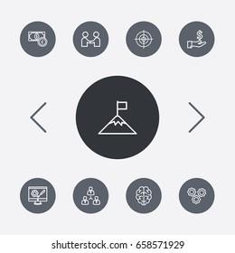 Set Of 9 Idea Outline Icons Set.Collection Of Partnership, Target, Brain And Other Elements.