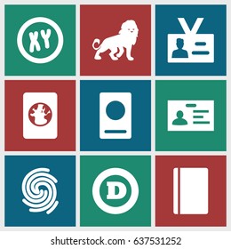 set of 9 identity filled icons such as lion, passport, d letter, badge, finger print