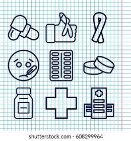 Set of 9 illness outline icons such as ribbon, tablet, hospital, pill, injured finger, medical cross, medicine