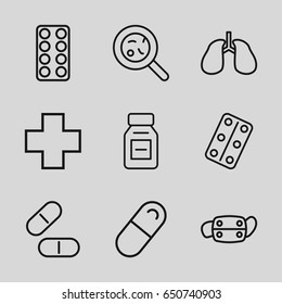 set of 9 illness outline icons such as pill, bacteria, lungs, medical pills, medical cross, medicine