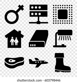 Set of 9 illustration filled icons such as boot, male, battery, meat, chip, plane, table lamp, family house