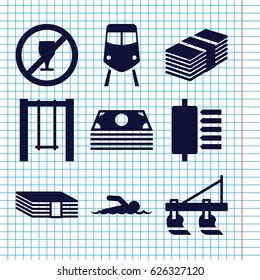Set of 9 image filled icons such as tractor, train, swing, swimmer, money, spu