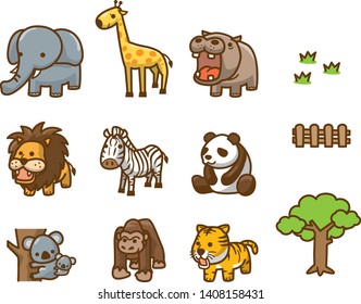 Set of 9 image illustrations of animals in the zoo