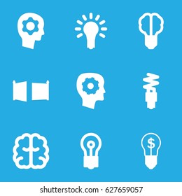 set of 9 imagination filled icons such as gear in head, brain, light bulb, fluorescent lamp