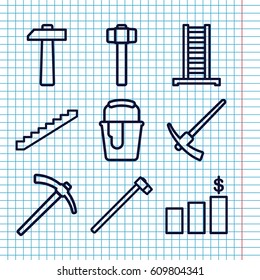 Set of 9 improvement outline icons such as ladder, stairs, paint bucket, garden hammer, hammer