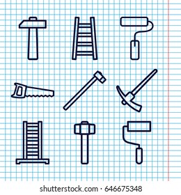 Set of 9 improvement outline icons such as ladder, roller, garden hammer, saw, paint roller