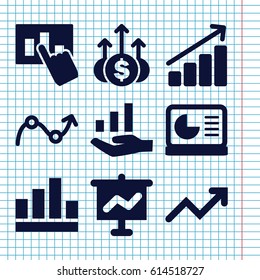Set of 9 increase filled icons such as graph, chart on display