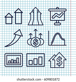 Set of 9 increase outline icons such as arrow up, graph, arrows up, money up, dolar growth