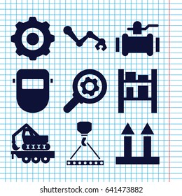 Set of 9 industrial filled icons such as hook with cargo, welder mask, pump, cargo arrow up, gear    sign symb, robot arm