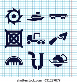 Set of 9 industry filled icons such as barn, no dry cleaning, trowel, pipe, truck with hook, electric saw, cargo wagon, ship