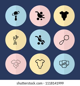 Set of 9 infant filled and outline icons such as baby onesie, baby carriage, beanbag, diaper
