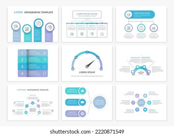 Set Of 9 Infographic Presentation Templates - Process, Flowchart, Gauge Chart, Circle Diagram, Vector Eps10 Illustration