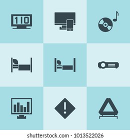 Set of 9 information filled icons such as car emergency sign, chart on display, warning, music disc, projector, bed, pc