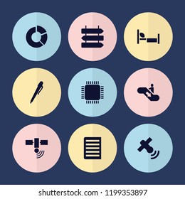 Set of 9 information filled icons such as direction   isolated, pen, escalator down, bed, cpu, pie chart, satellite