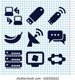 Set of 9 information filled icons such as Banana, flash drive, chat, laptop connection, satellite, usb signal, CPU, atom on display
