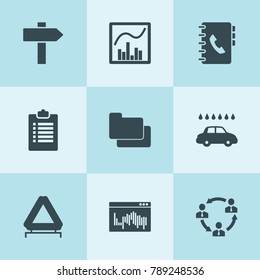 Set of 9 information filled icons such as communication, car emergency sign, car wash, folder, graph chart, web window, address book, clipboard